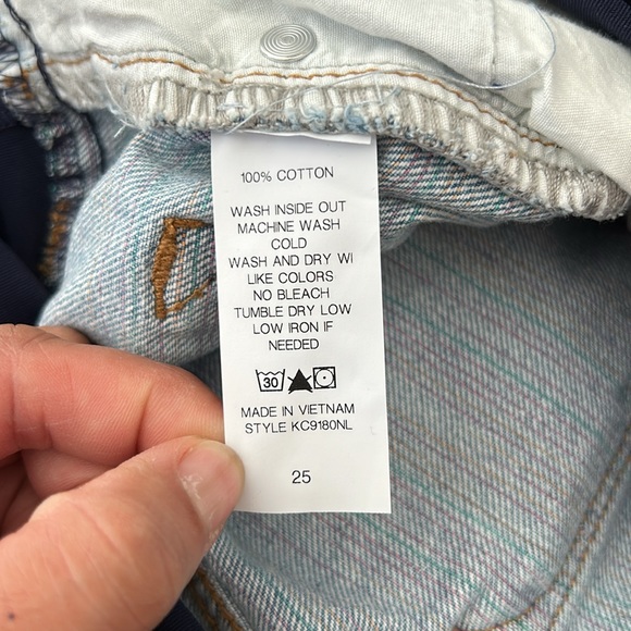 Pinkblush Medium Wash Distressed Rainbow Thread Full Panel Maternity Jean Shorts - Picture 8 of 9